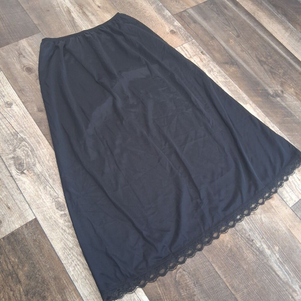 VNTG Deena USA Made Black Satin Lace Trim Half Slip Skirt L Fairy Grunge Boudoir - Picture 7 of 12